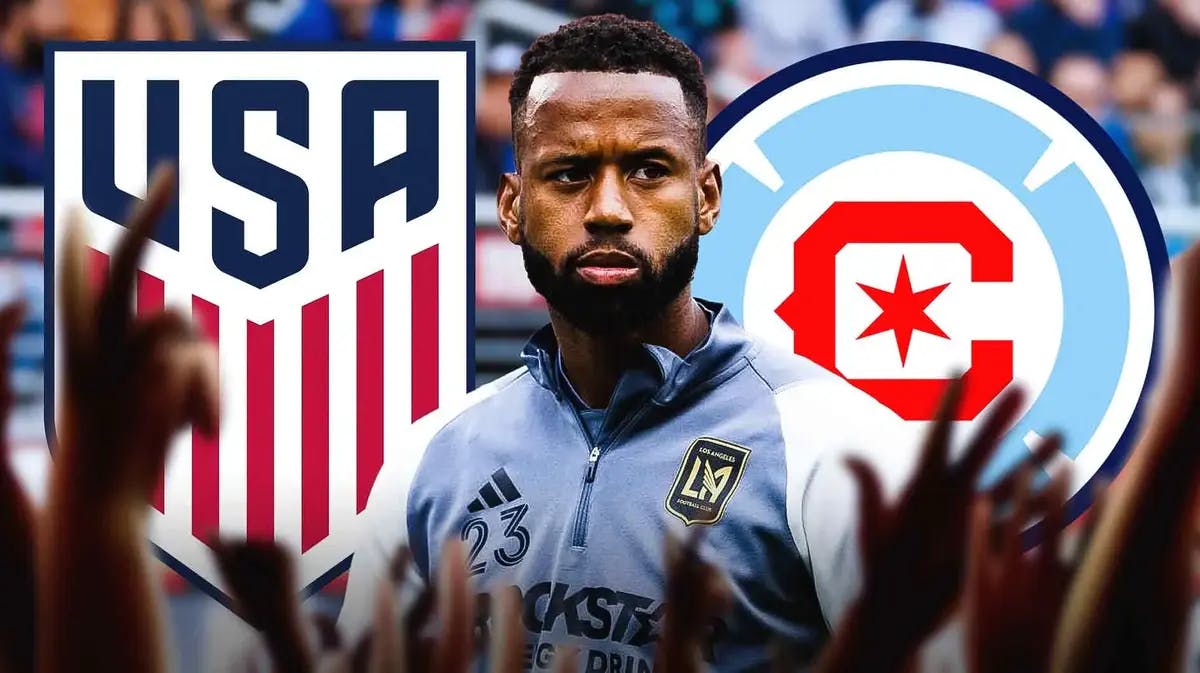 Kellyn Acosta in front of the USMNT and Chicago Fire logos