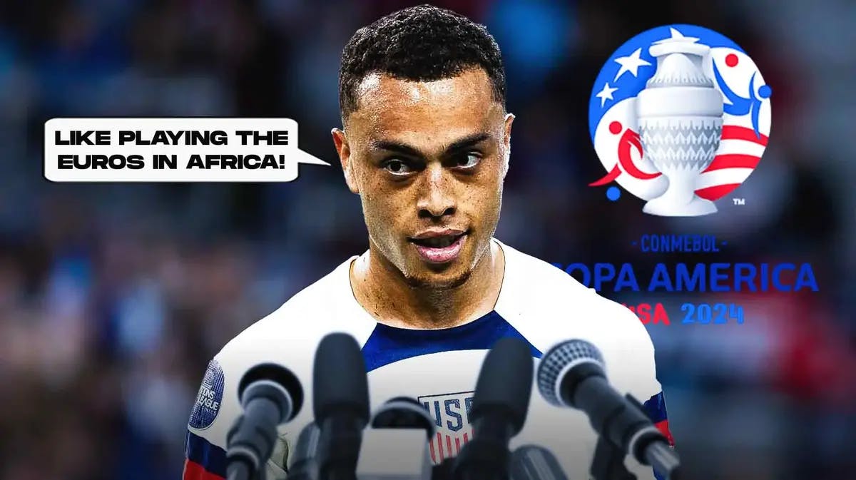 Sergino Dest saying: 'Like playing the Euros in Africa!' in front of the Copa America logo USMNT