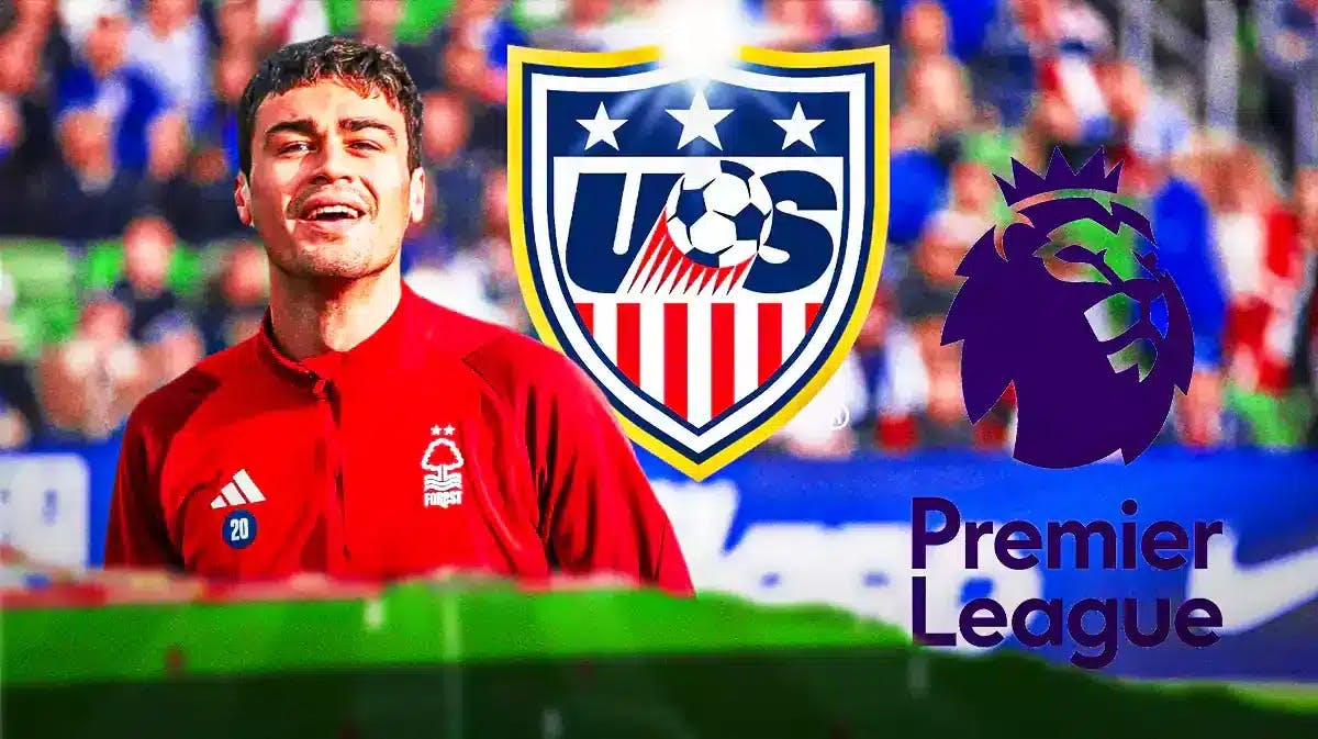 Gio Reyna in front of the USMNT and Premier League logos