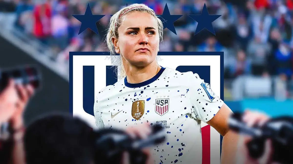 Lindsey Horan looking down/sad in front of the USWNT logo