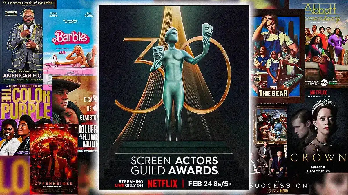 Please make sure the statue is in the MIDDLE and VERY VISIBLE; Posters of American Fiction, Barbie, The Color Purple, Killers of the Flower Moon, Oppenheimer on one side; Posters of Abbott Elementary, The Bear, The Crown, Succession on the other side. BackgroundL 2024 SAG Awards Netflix poster