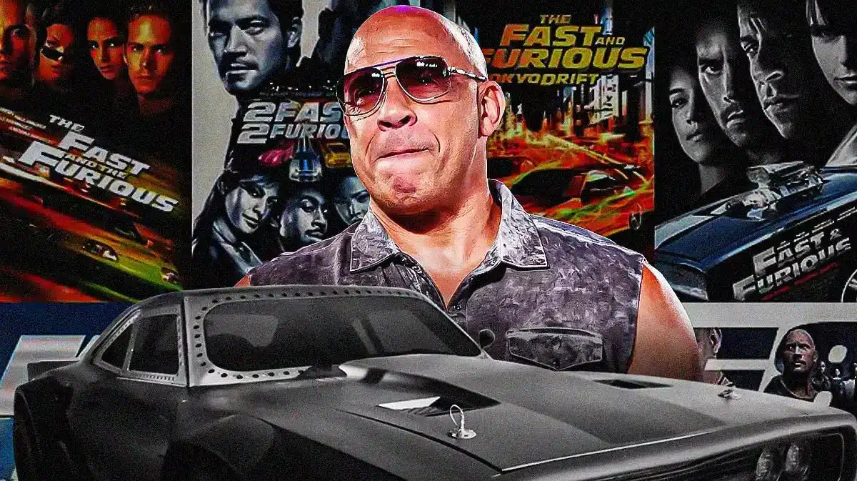Vin Diesel in front of a collage of posters from the Fast and Furious franchise