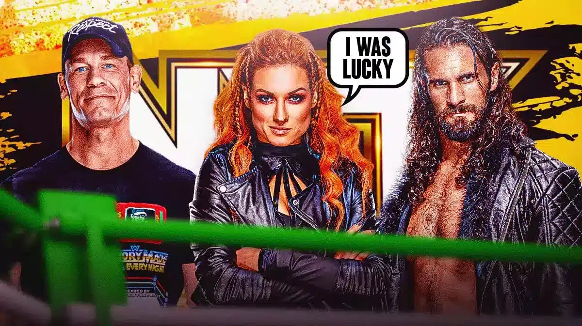 Becky Lynch with a text bubble reading “I was lucky” with John Cena on her left and Seth Rollins on her right with the NXT logo as the background.
