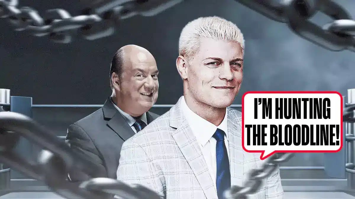 An intense Cody Rhodes with a text bubble reading “I'm hunting The Bloodline!” next to Paul Heyman with the RAW logo as the background.