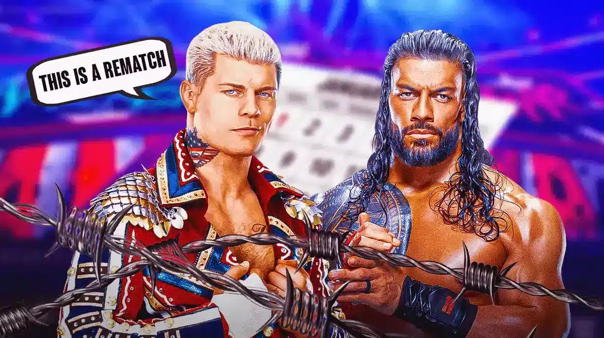 Cody Rhodes with a text bubble reading “This is a rematch” next to Roman Reigns with the January 2024 calendar page behind him and the WWE logo on it too.