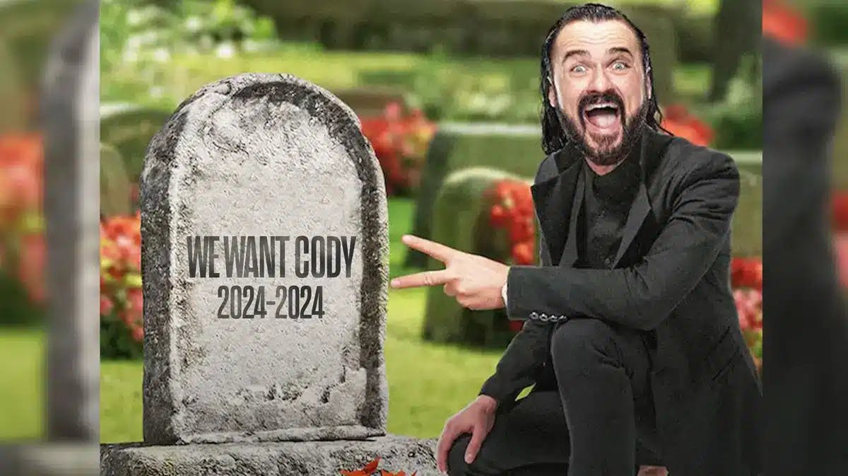 The attached picture of Drew McIntyre but with the gravestone reading “We Want Cody” with the numbers 2024-2024 under it.