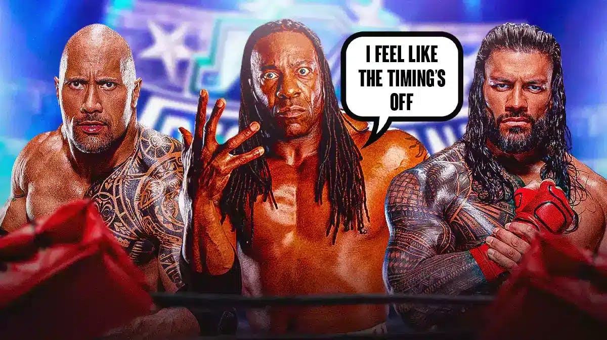 Booker T with a text bubble reading “I feel like the timing’s off” with The Rock on his left and Roman Reigns on his right with the WrestleMania 40 logo as the background.