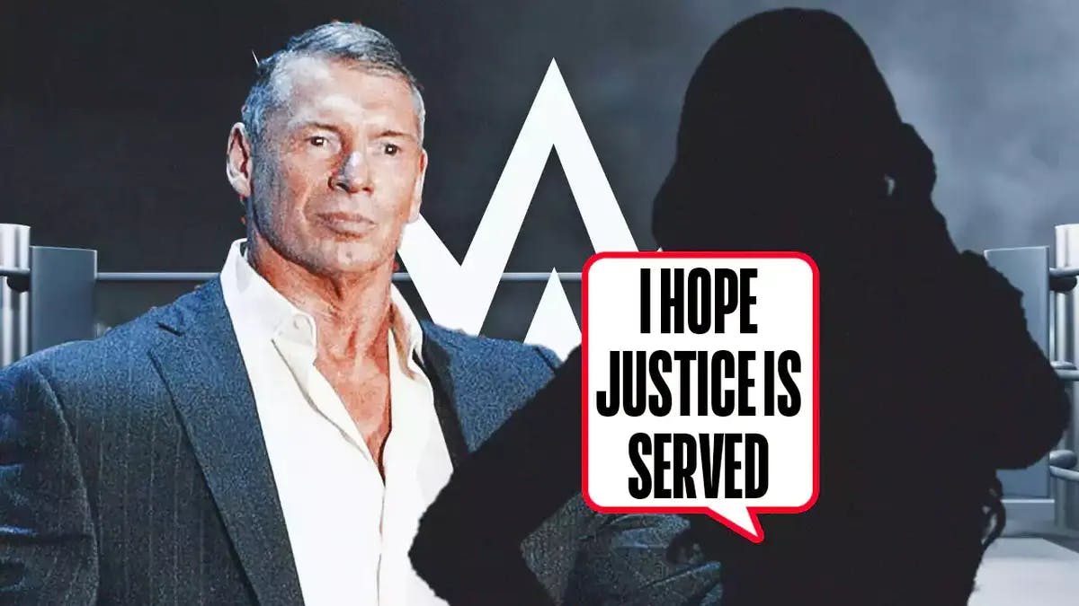 Vince McMahon next to the blacked-out silhouette of Maria Kanellis with a text bubble reading “I hope justice is served“ with the WWE logo as the background.