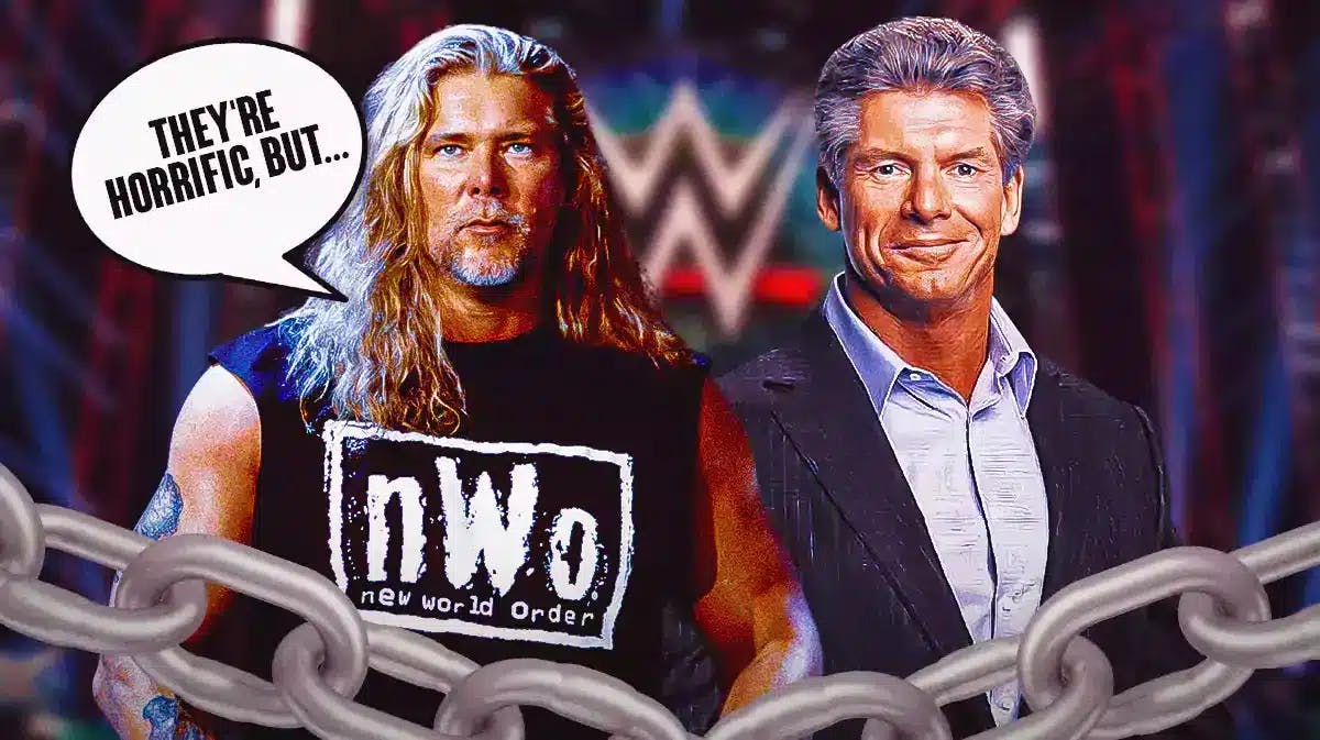 Kevin Nash with a text bubble reading “They're horrific, but…” next to Vince McMahon with the WWE logo as the background.