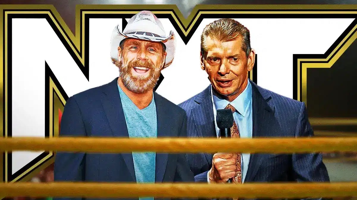 Shawn Michaels next to Vince McMahon with the NXT logo as the background.
