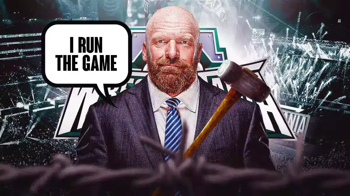 Triple H holding his sledge hammer with a text bubble reading “I run the game” with the WrestleMania 40 logo as the background.
