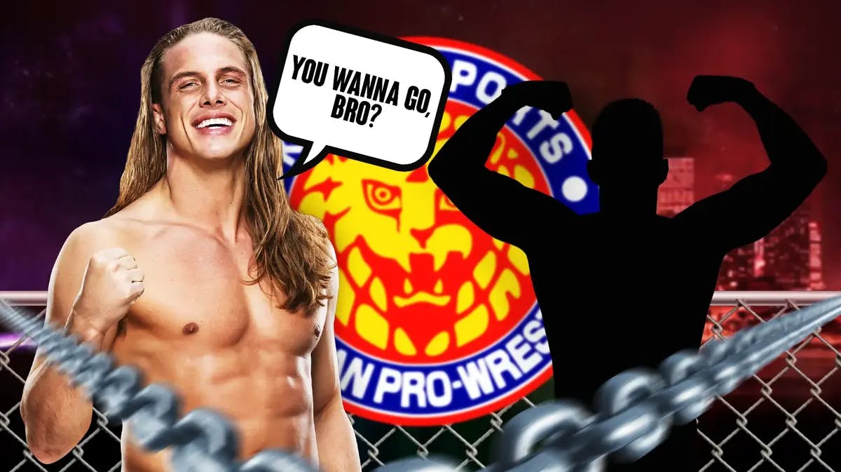Matt Riddle with a text bubble reading “You wanna go, bro?” next to the blacked-out silhouette of Zack Sabre Jr. with the New Japan Pro Wrestling logo as the background.
