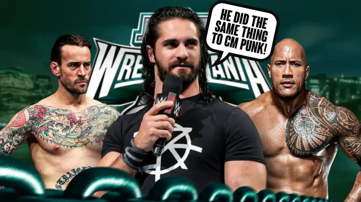 Seth Rollins holding a microphone with a text bubble reading “He did the same thing to CM Punk!” looking at The Rock with CM Punk behind him and the WrestleMania 40 logo as the background.