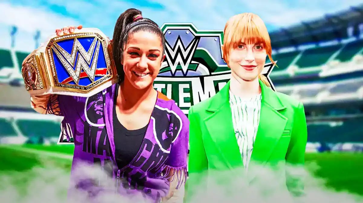 WWE star Bayley with WrestleMania 40 logo and Paramore lead singer Hayley Williams and Lincoln Financial Field background.