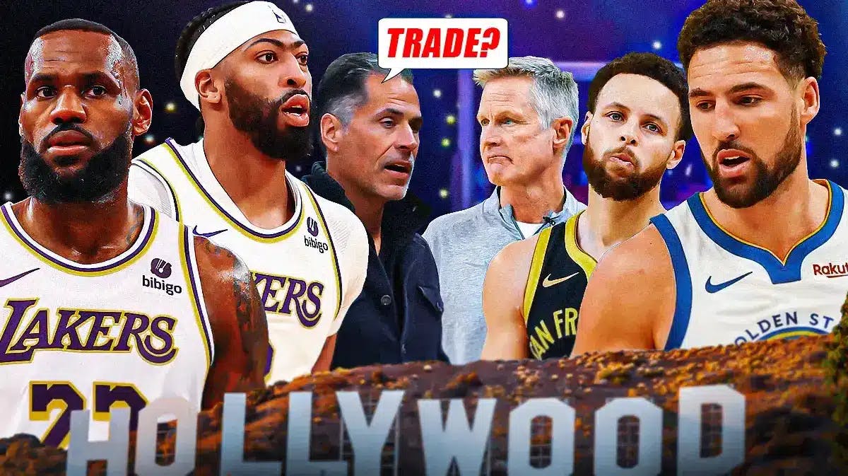 Rob Pelinka saying "trade" next to LeBron James and Anthony Davis. Warriors' Steve Kerr, Stephen Curry and Klay Thompson on the other side