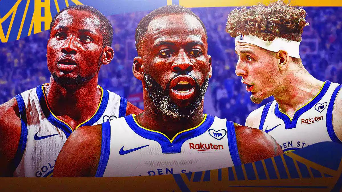 Draymond Green with Jonathan Kuminga on one side of him and Brandin Podziemski on the other side and the Warriors arena in the background