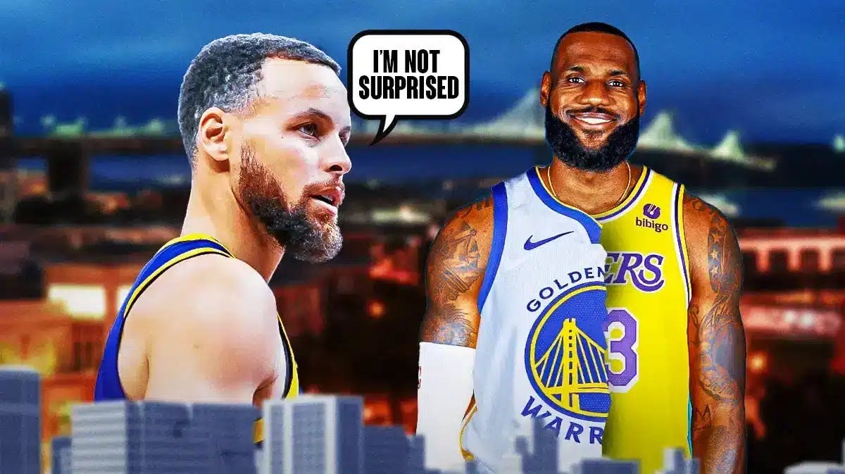 Stephen Curry saying "I'm not surprised" with LeBron James in half Warriors, half Lakers uniform.