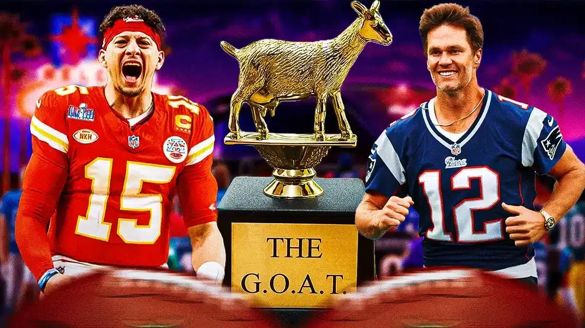 Patrick Mahomes on one side, Tom Brady on another side, Golden GOAT medal or trophy in the middle, and Super Bowl 58 wallpaper in the background.