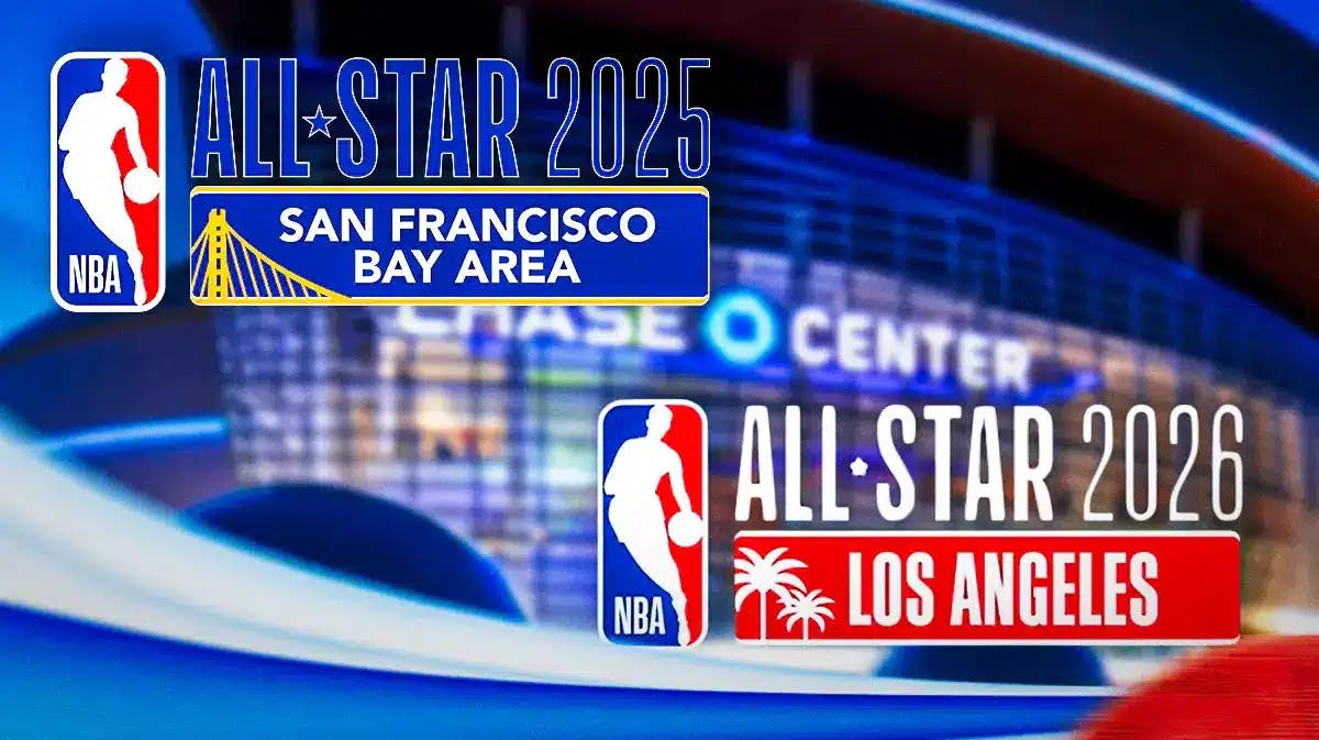 Chase Center and Intuit Dome in the background. In front are logos for 2025 NBA All-Star Game and 2026 NBA All-Star Game.