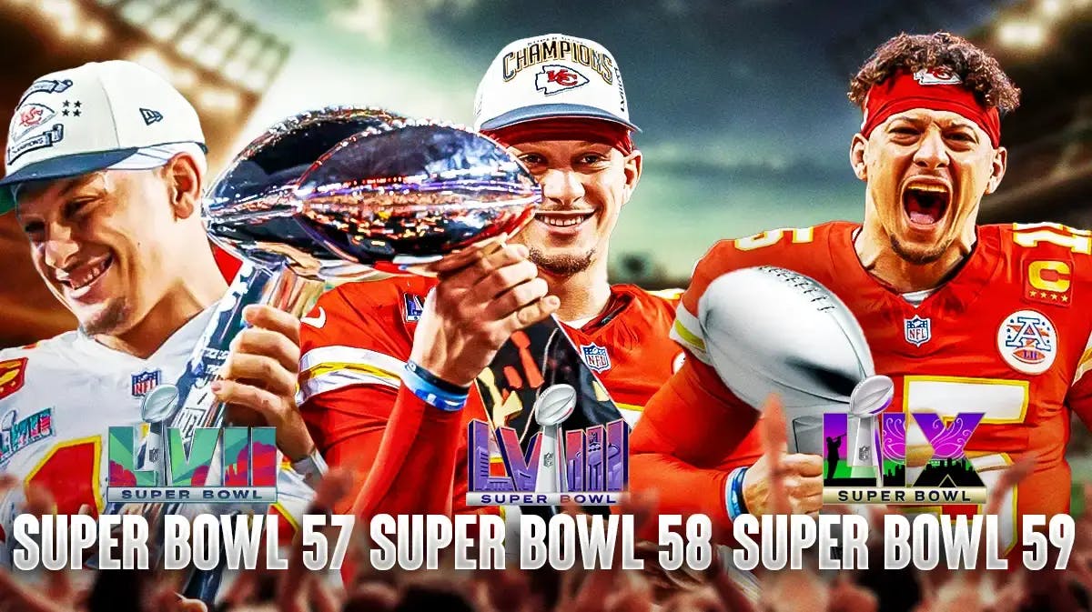 3 images of Patrick Mahomes with the Lombardi trophy with (L-R) Super Bowl 57, Super Bowl 58, and Super Bowl 59? written over the pics