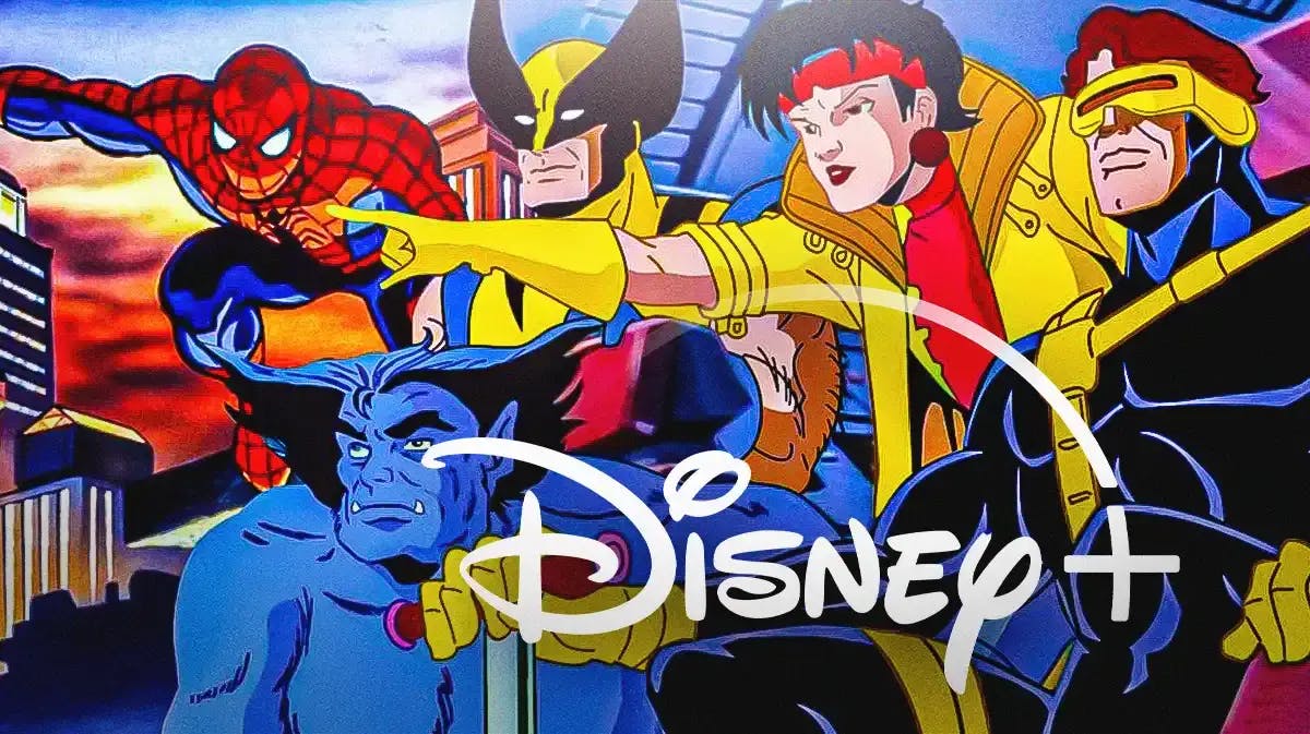 Disney+ logo surrounded by animated X-Men and Spider-Man