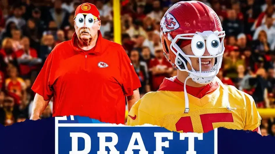 Chiefs Andy Reid and Patrick Mahomes with emoji eyes in their eyes in front of the NFL Draft logo