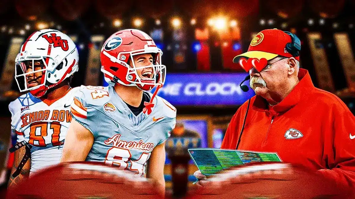 Chiefs coach Andy Reid with heart emoji eyes looking at Ladd McConkey (Georgia) and Malachi Corley (Western Kentucky) with an NFL Draft background.