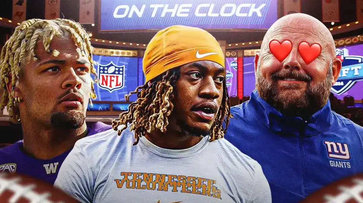 Giants coach Brian Daboll with heart emoji eyes looking at Rome Odunze (Washington) and Jaylen Wright (Tennessee) with NFL Draft background