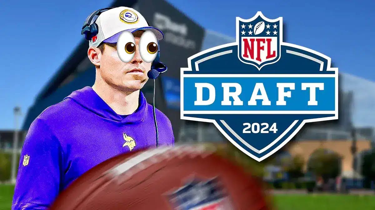 Kevin O'Connell with emoji eyes in his eyes looking at the 2024 NFL Draft