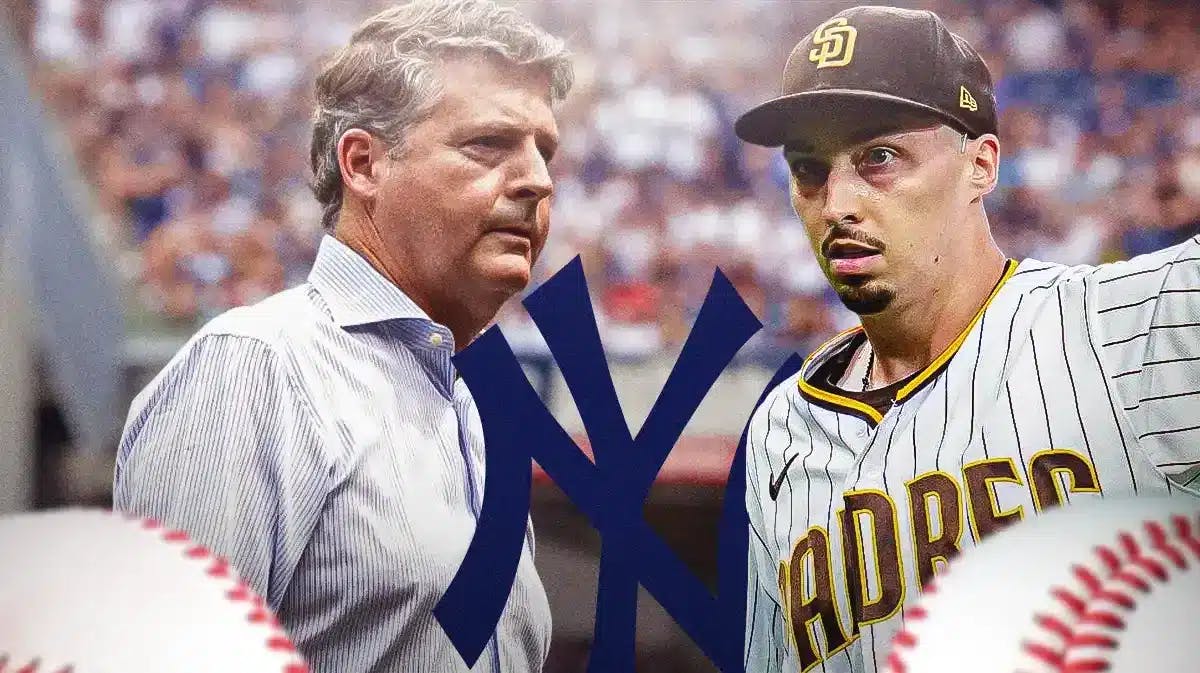 George Steinbrenner and Blake Snell next to a Yankees logo