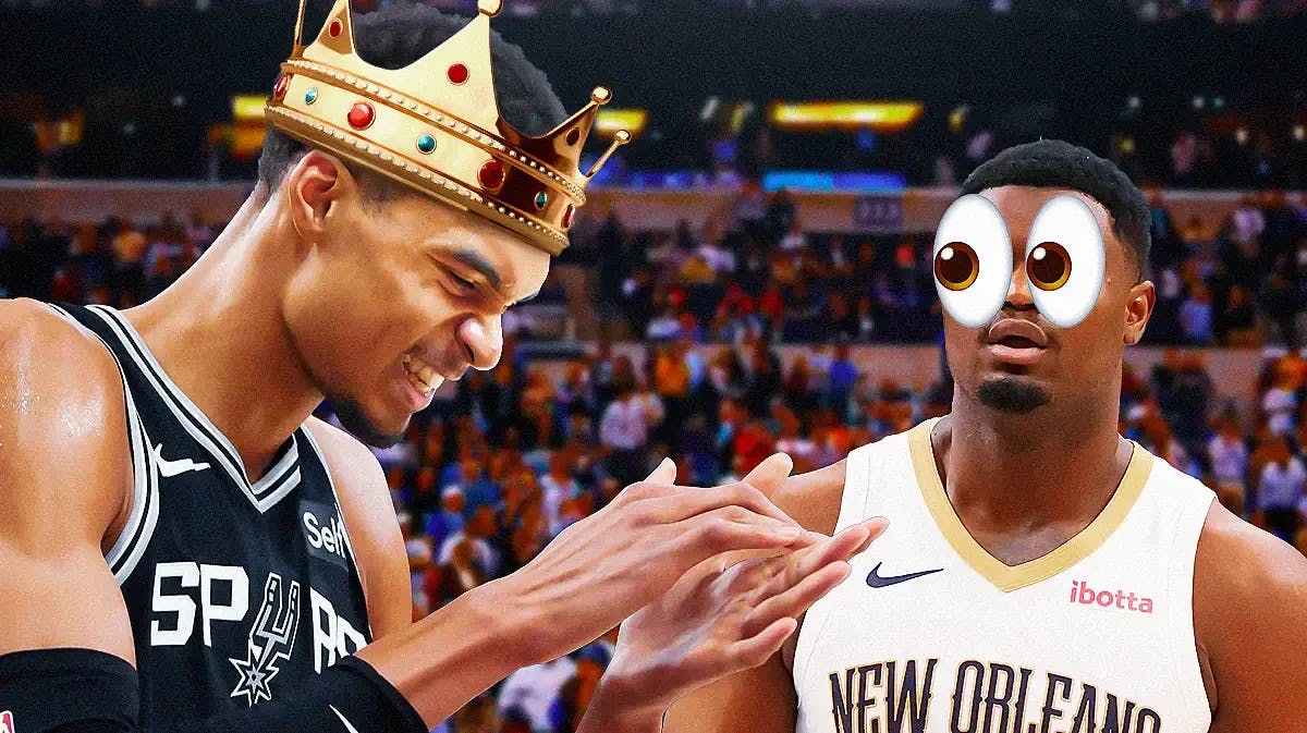 Pelicans' Zion Williamson looking at Spurs' Victor Wembanyama with crown on head.