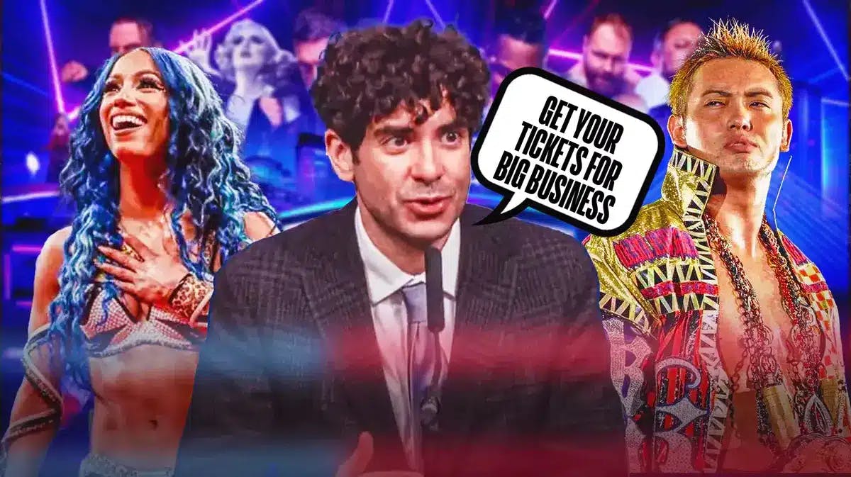 Tony Khan with a text bubble reading “Get your tickets for Big Business” with Mercedes Mone on his left and Kazuchika Okada on the right.