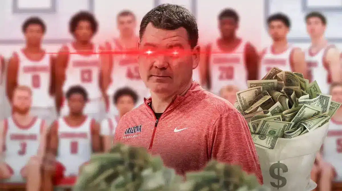 Arizona basketball coach Tommy Lloyd focues with money to the side.