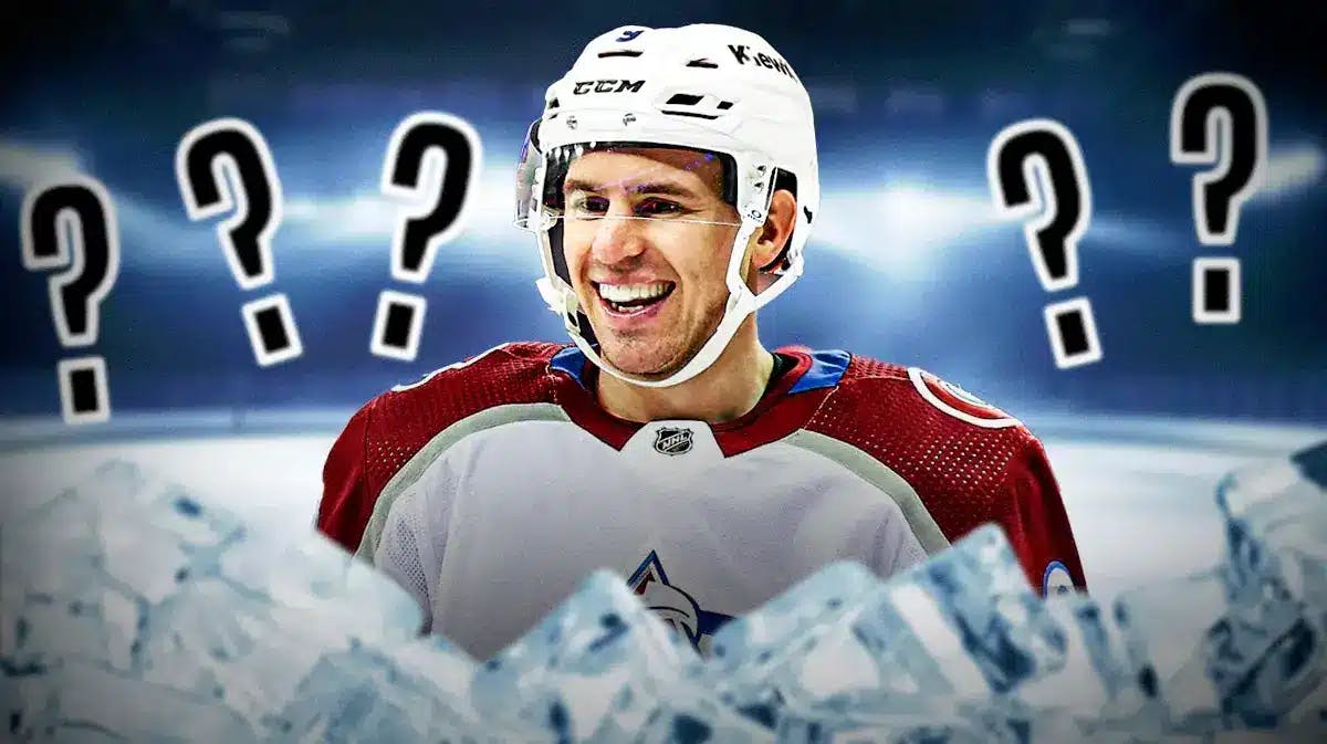 Zach Parise in middle of image looking happy in Colorado Avalanche jersey, 3-5 question marks, hockey rink in background