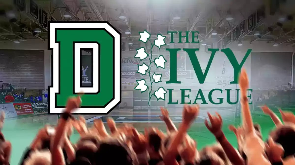 Dartmouth basketball logo sits next to Ivy League logo, fans await the NLRB's unionize ruling