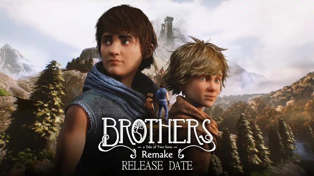 brothers tale two sons, brothers tale two sons release date, brothers tale two sons gameplay, brothers tale two sons story, keyart for the brothers a tale of two sons remake with the words release date under the game title