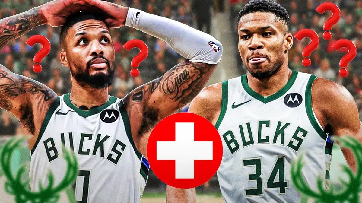 Giannis Antetokounmpo and Damian Lillard with red medical symbol and question marks