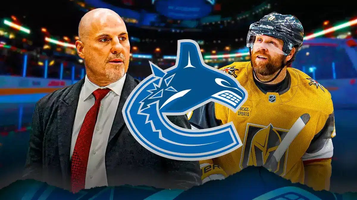 Rick Tocchet and Phil Kessel stand beside Vancouver Canucks logo amid the veteran's return to NHL hockey
