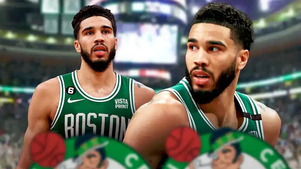 Image of Jayson Tatum looking serious in front. In background, need an image of Jayson Tatum from the 2022 NBA Finals looking sad.