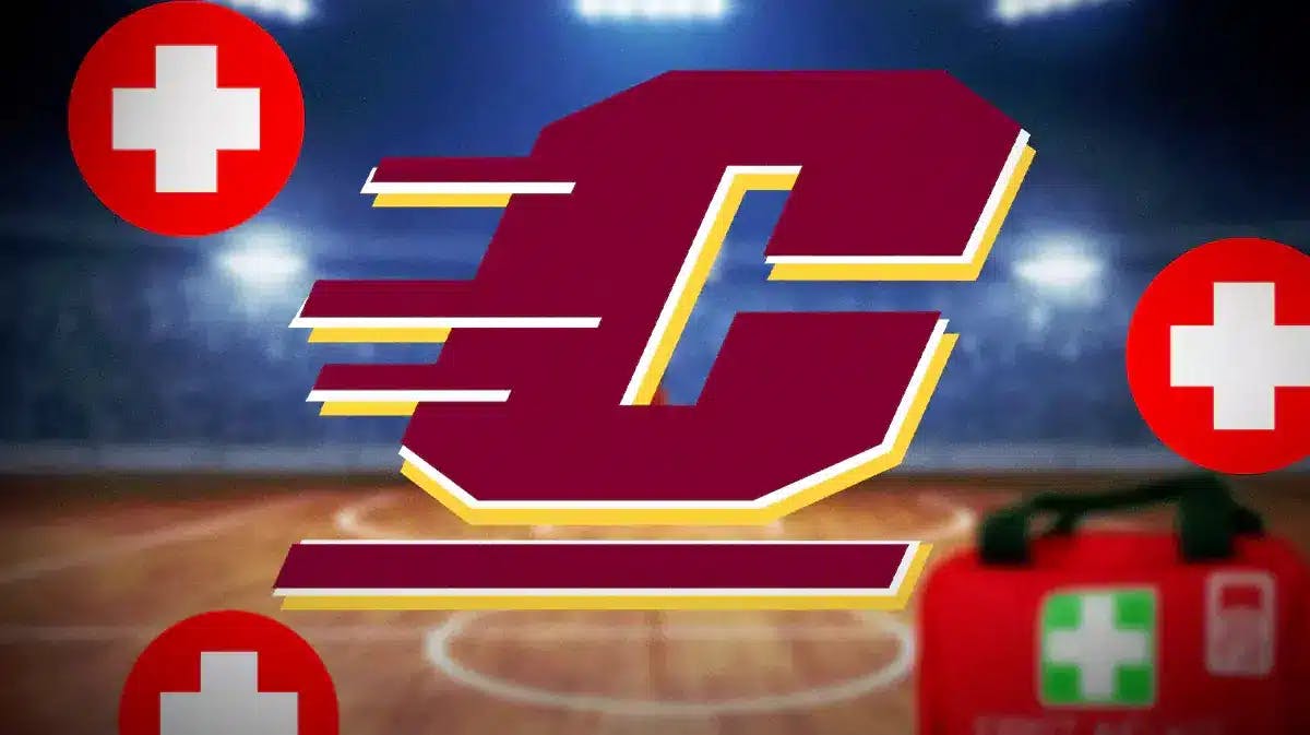 The Central Michigan University logo on a basketball court, with the injury symbol/medical cross