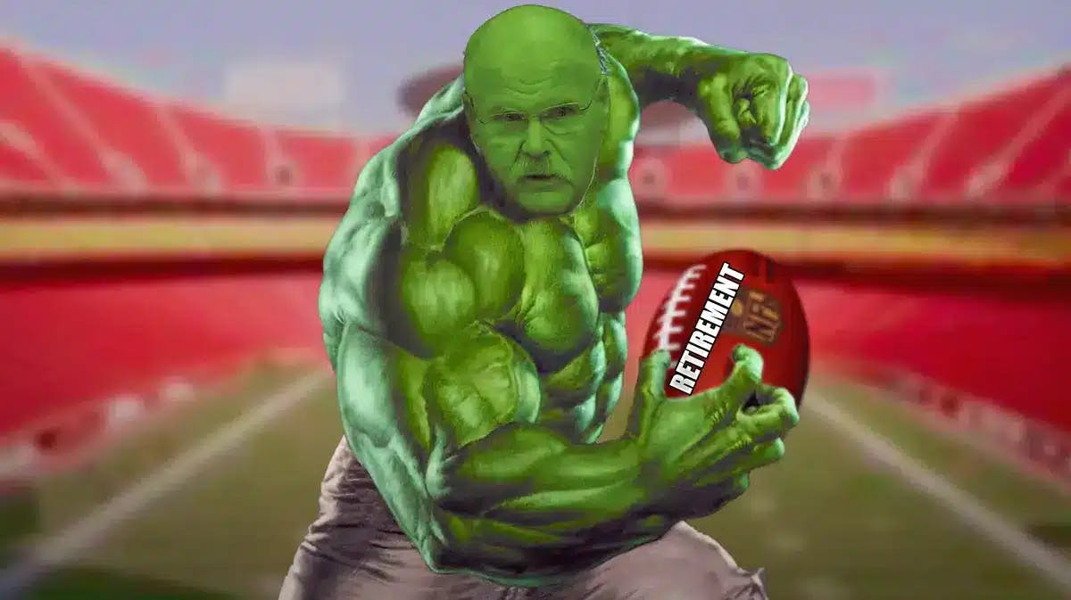 Chiefs' Andy Reid as Hulk squashing a football between his hands. On the ball are the words retirement