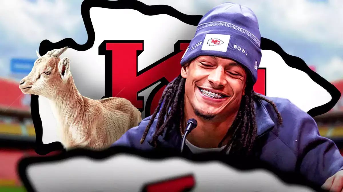 Isiah Pacheco and a baby goat stand in front of Chiefs logo, Patrick Mahomes and Super Bowl parade viewers look from the background