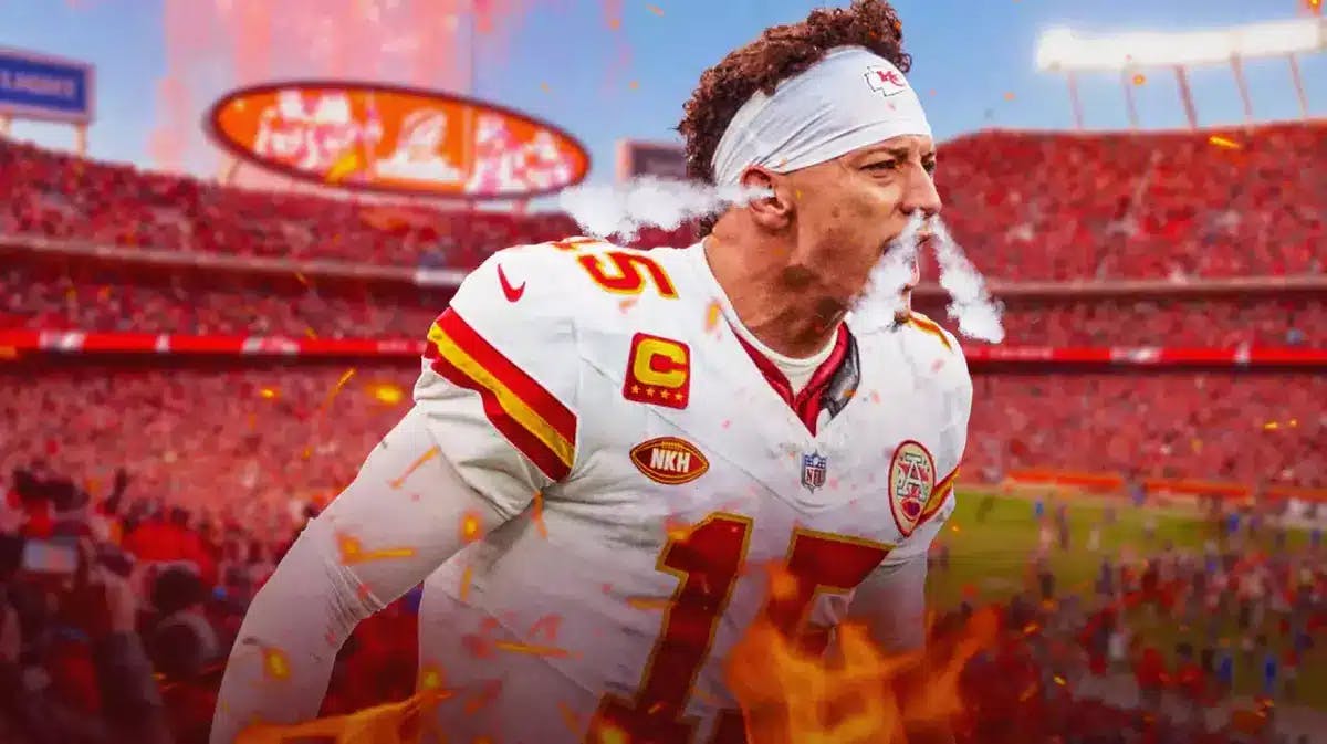 Chiefs' Patrick Mahomes with smoke coming out his nose and ears