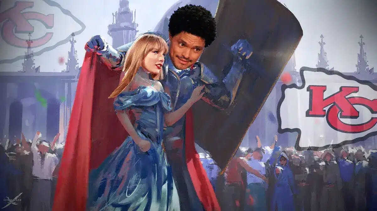 Trevor Noah as the knight and Taylor Swift as the princess with a Chiefs logo