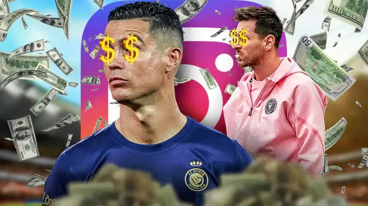 Cristiano Ronaldo and Lionel Messi in front of the Instagram logo, money falling from the air around them, money signs over their eyes
