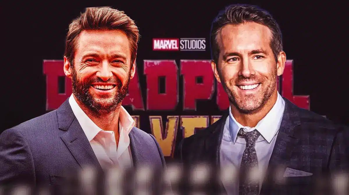 Hugh Jackman and Ryan Reynolds; Background: Deadpool & Wolverine