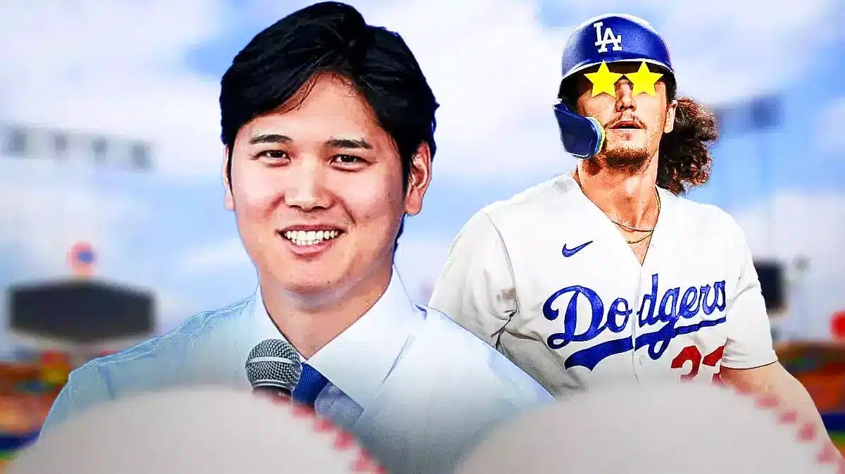 Dodgers' James Outman with stars in his eyes looking at Dodgers' Shohei Ohtani. Dodger Stadium background.