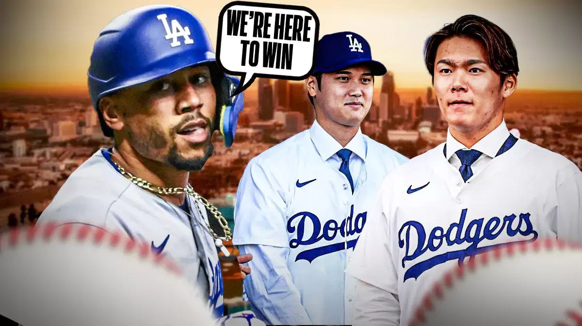 Mookie Betts saying “We’re here to win” next to Shohei Ohtani, Yoshinobu Yamamoto in Dodgers uniforms