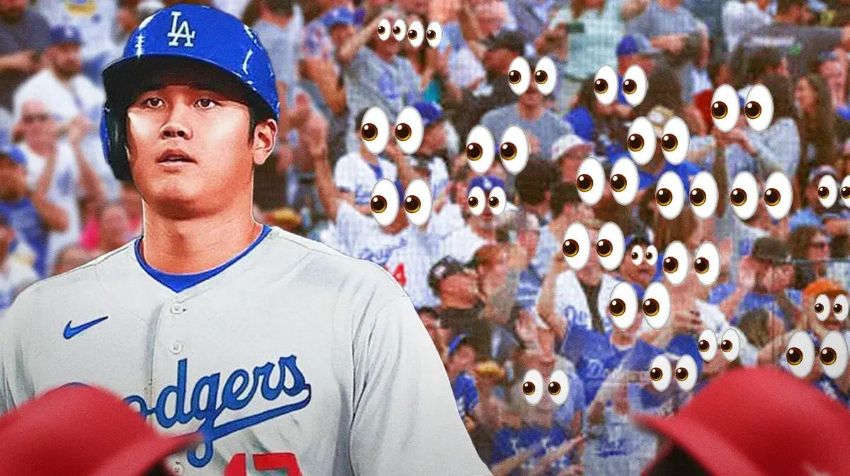 Shohei Ohtani on one side, a bunch of Los Angeles Dodgers fans on the other side with the big eyes emoji over their faces