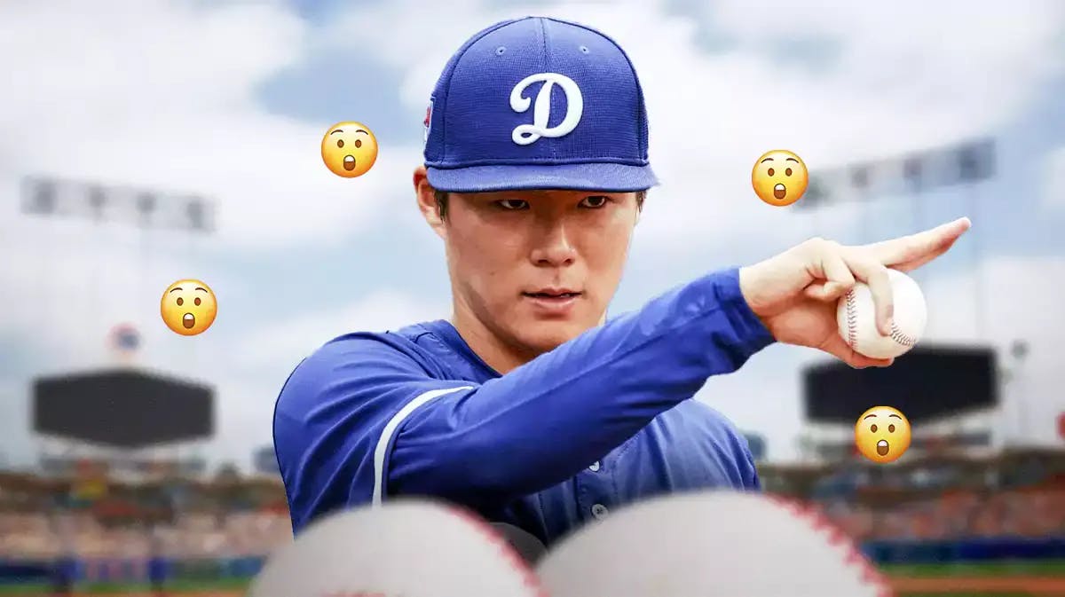 Yoshinobu Yamamoto in a Dodgers uniform. Shocked emojis all around him